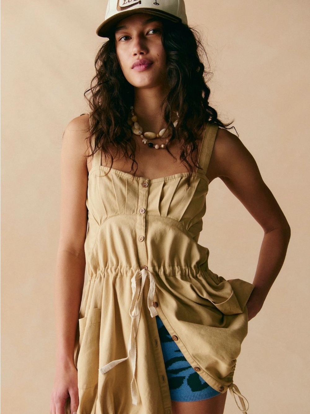 Free People Biscotti Tan Button-Front Drawstring Tank